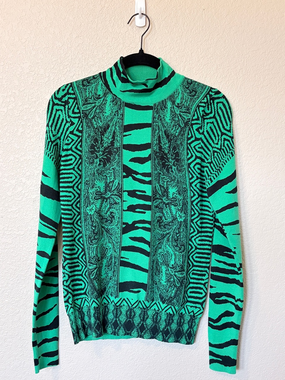 Green Black Silk Blend Turtleneck Sweater Paisley Geometric Mixed Print